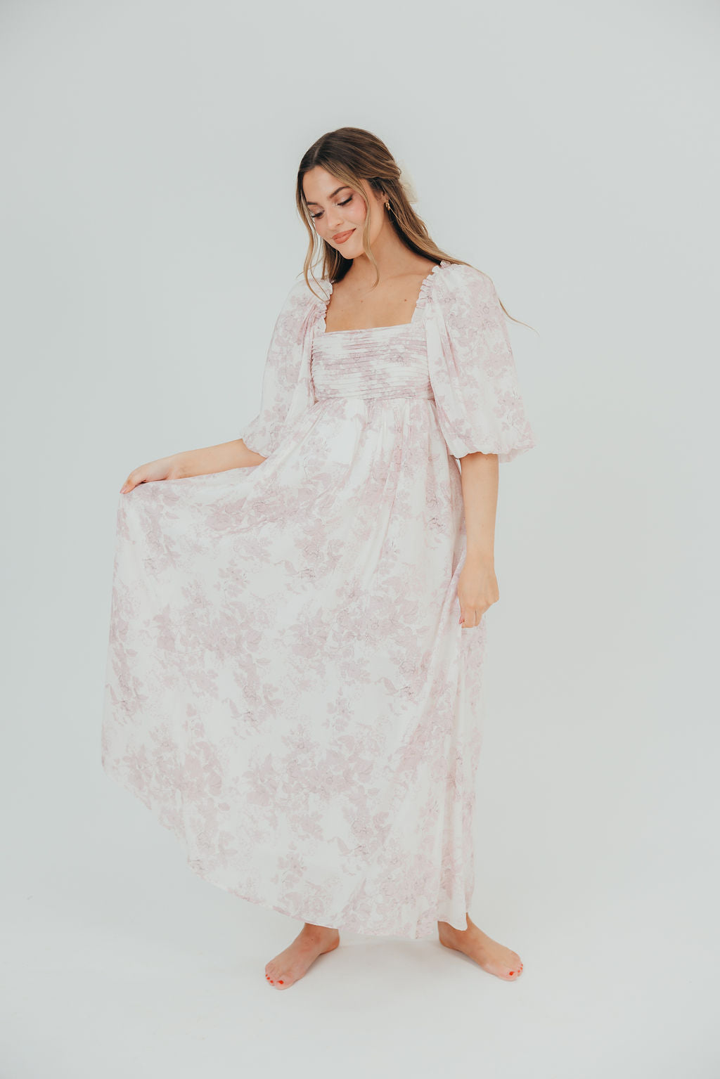 Melody Maxi Dress with Pleats and Bow Detail in Pink Toile - Bump Friendly & Inclusive Sizing (XL-3XL)