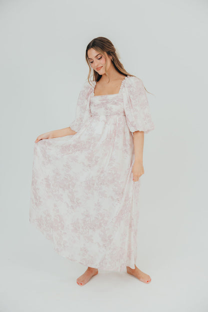 Melody Maxi Dress with Pleats and Bow Detail in Pink Toile - Bump Friendly & Inclusive Sizing (XL-3XL)