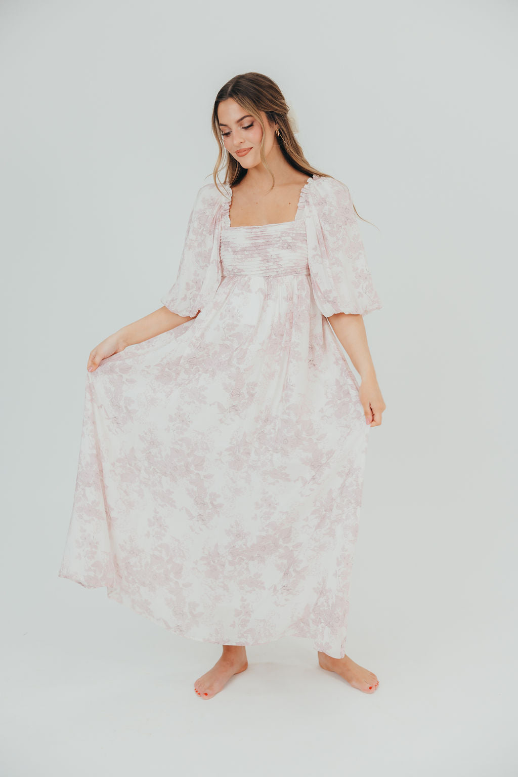 Melody Maxi Dress with Pleats and Bow Detail in Pink Toile - Bump Friendly & Inclusive Sizing (XL-3XL)