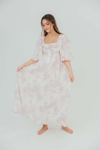 Melody Maxi Dress with Pleats and Bow Detail in Pink Toile - Bump Friendly & Inclusive Sizing (XL-3XL)