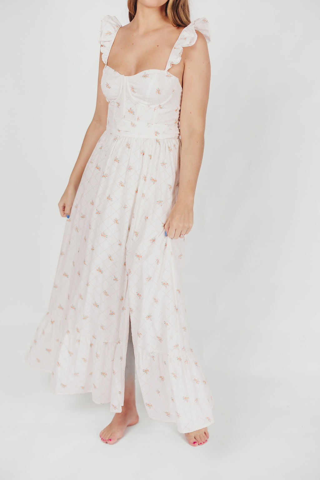 Rosamund Bustier-Style Maxi Dress in White/Orange Floral - Inclusive Sizing (S-XL)