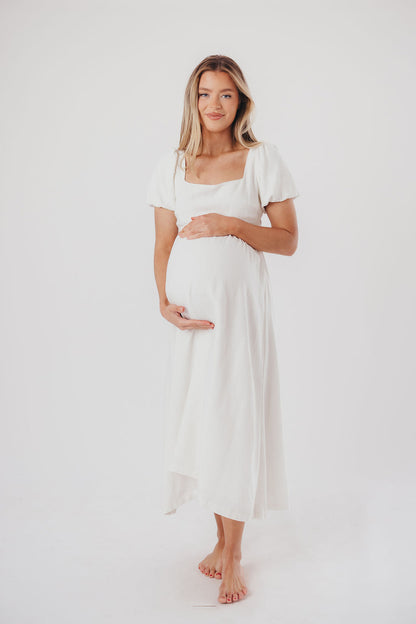 Ainsley Square Neck Midi Dress with Puffed Sleeves in Off-White - Bump Friendly & Inclusive Sizing (S-3XL)