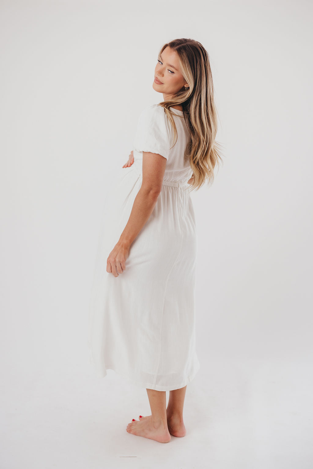 Ainsley Square Neck Midi Dress with Puffed Sleeves in Off-White - Bump Friendly & Inclusive Sizing (S-3XL)