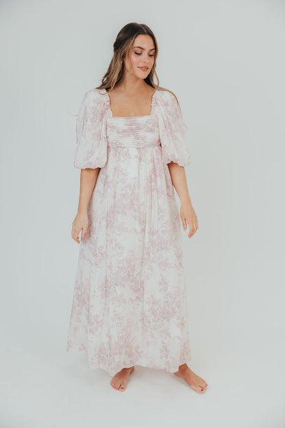 Melody Maxi Dress with Pleats and Bow Detail in Pink Toile - Bump Friendly & Inclusive Sizing (XL-3XL)