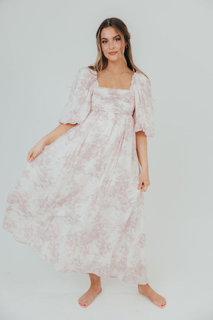 Melody Maxi Dress with Pleats and Bow Detail in Pink Toile - Bump Friendly & Inclusive Sizing (XL-3XL)