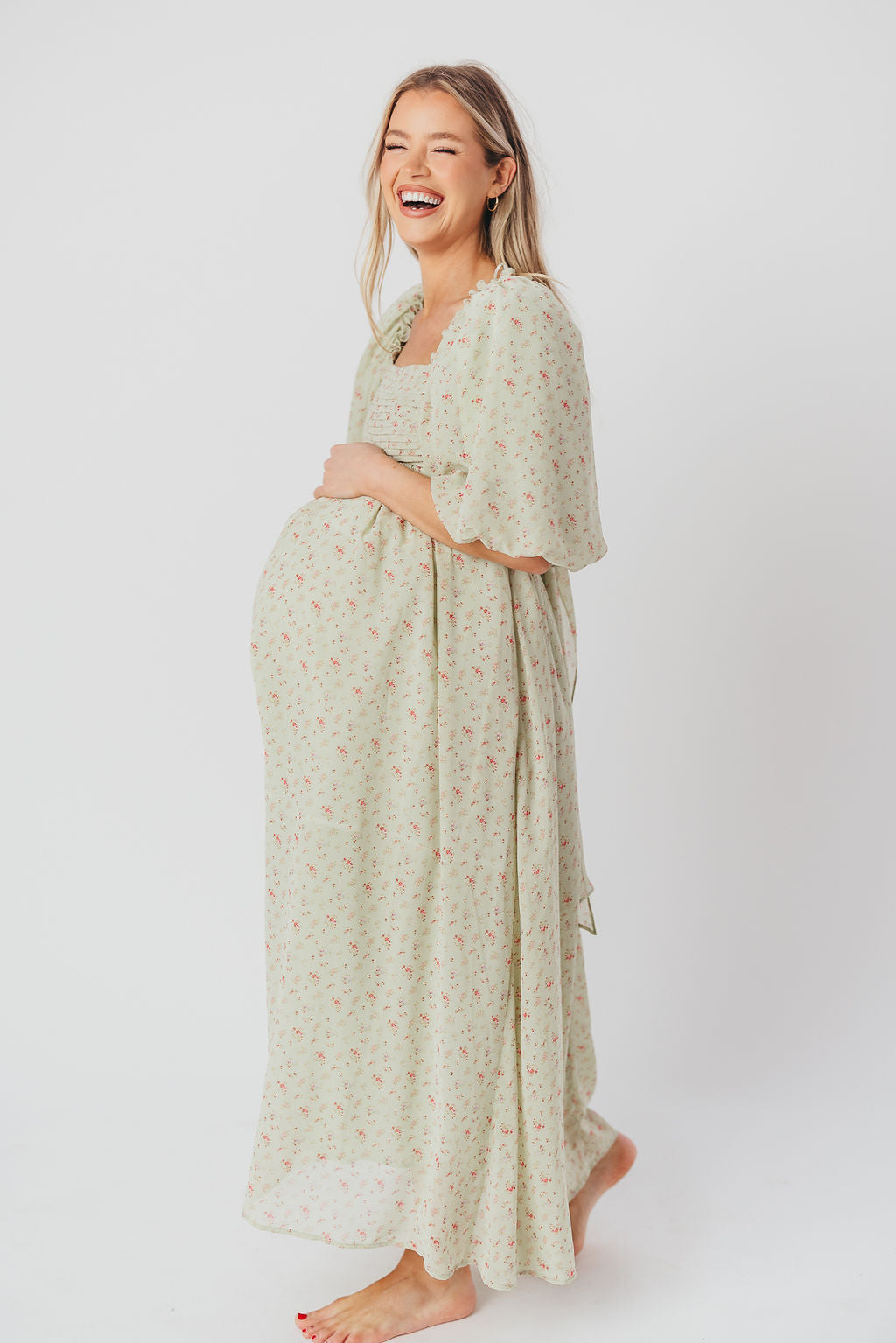 Melody Maxi Dress with Pleats and Bow Detail in Mint Floral - Bump Friendly & Inclusive Sizing (S-3XL)