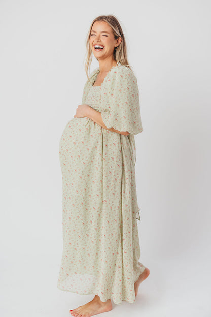 Melody Maxi Dress with Pleats and Bow Detail in Mint Floral - Bump Friendly & Inclusive Sizing (S-3XL)