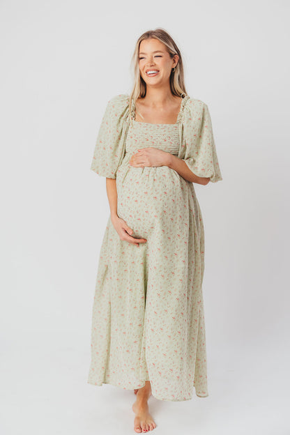 Melody Maxi Dress with Pleats and Bow Detail in Mint Floral - Bump Friendly & Inclusive Sizing (S-3XL)