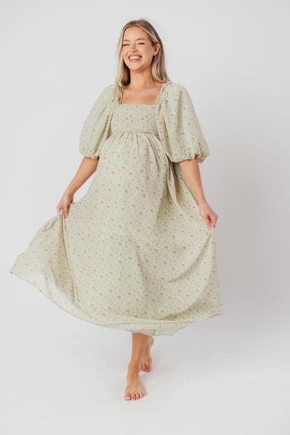 Melody Maxi Dress with Pleats and Bow Detail in Mint Floral - Bump Friendly & Inclusive Sizing (S-3XL)