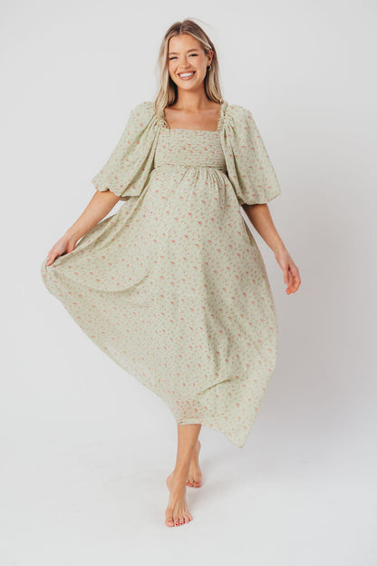 Melody Maxi Dress with Pleats and Bow Detail in Mint Floral - Bump Friendly & Inclusive Sizing (S-3XL)