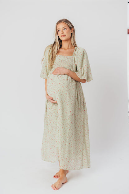 Melody Maxi Dress with Pleats and Bow Detail in Mint Floral - Bump Friendly & Inclusive Sizing (S-3XL)