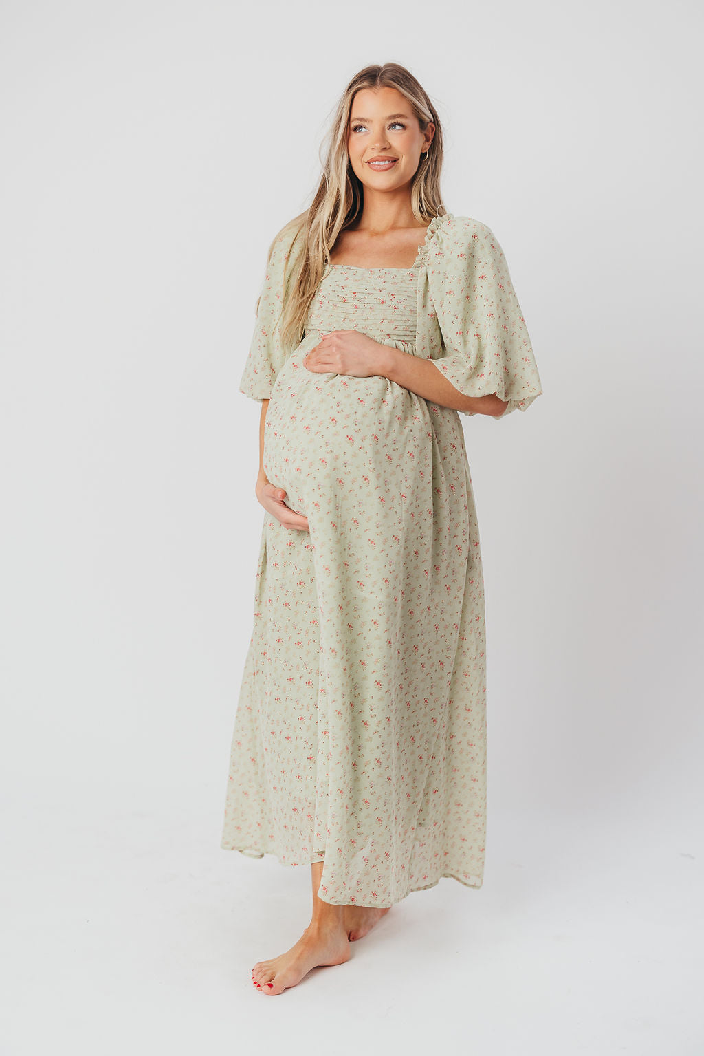 Melody Maxi Dress with Pleats and Bow Detail in Mint Floral - Bump Friendly & Inclusive Sizing (S-3XL)