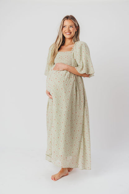 Melody Maxi Dress with Pleats and Bow Detail in Mint Floral - Bump Friendly & Inclusive Sizing (S-3XL)