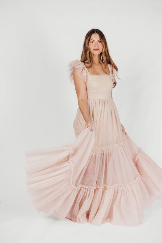 Bella Tiered Tulle Maxi Dress in Peachy Nude - Bump Friendly & Inclusive Sizing (S-3XL)