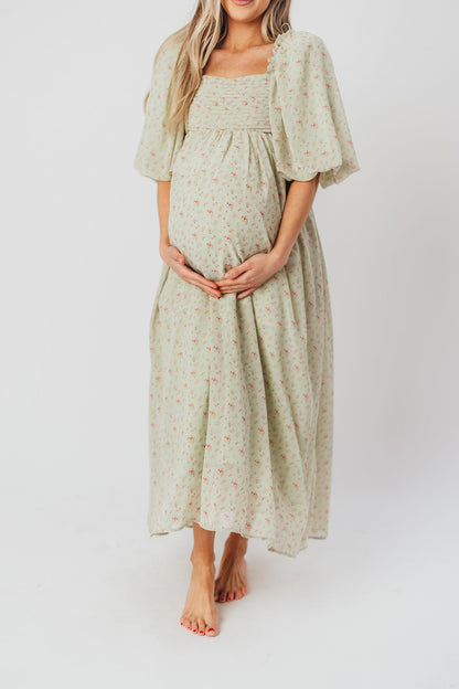 Melody Maxi Dress with Pleats and Bow Detail in Mint Floral - Bump Friendly & Inclusive Sizing (S-3XL)