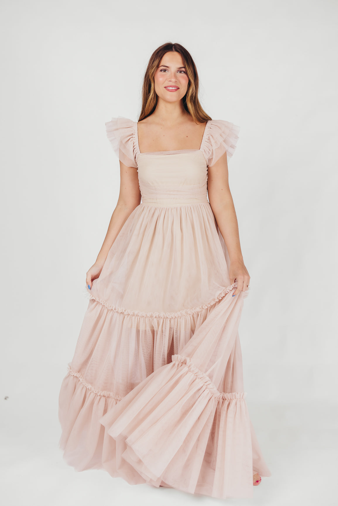 Bella Tiered Tulle Maxi Dress in Peachy Nude - Bump Friendly & Inclusive Sizing (S-3XL)