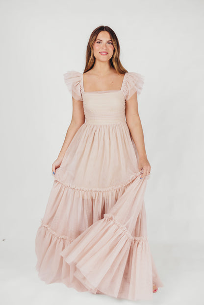 Bella Tiered Tulle Maxi Dress in Peachy Nude - Bump Friendly & Inclusive Sizing (S-3XL)