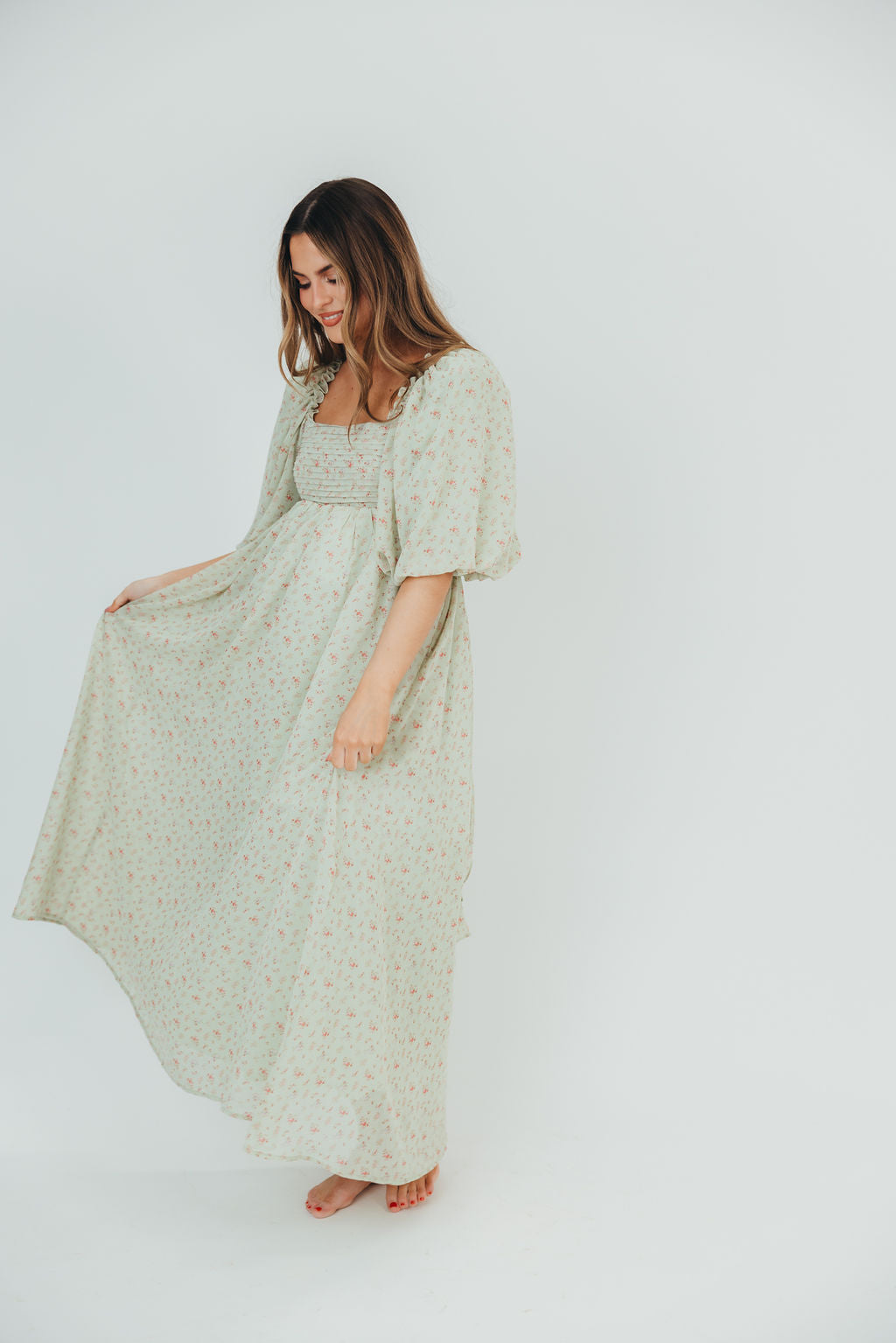 Melody Maxi Dress with Pleats and Bow Detail in Mint Floral - Bump Friendly & Inclusive Sizing (S-3XL)