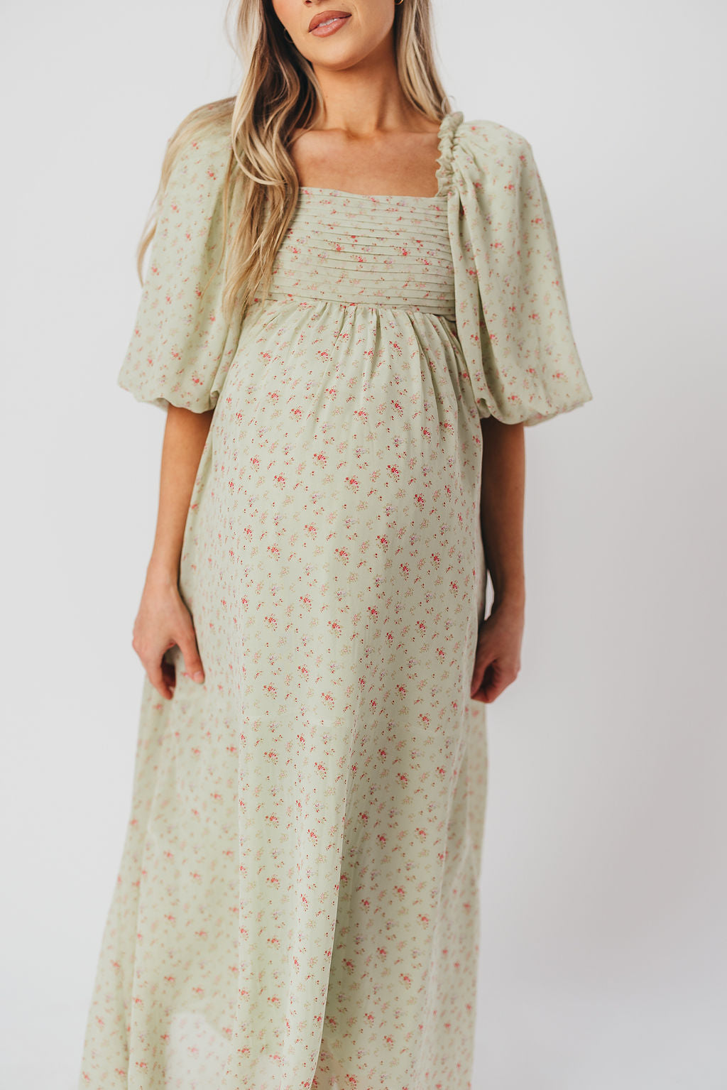 Melody Maxi Dress with Pleats and Bow Detail in Mint Floral - Bump Friendly & Inclusive Sizing (S-3XL)