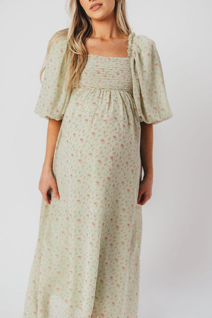 Melody Maxi Dress with Pleats and Bow Detail in Mint Floral - Bump Friendly & Inclusive Sizing (S-3XL)