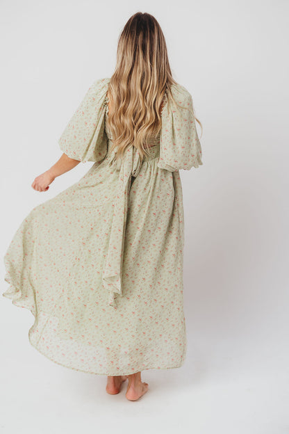 Melody Maxi Dress with Pleats and Bow Detail in Mint Floral - Bump Friendly & Inclusive Sizing (S-3XL)