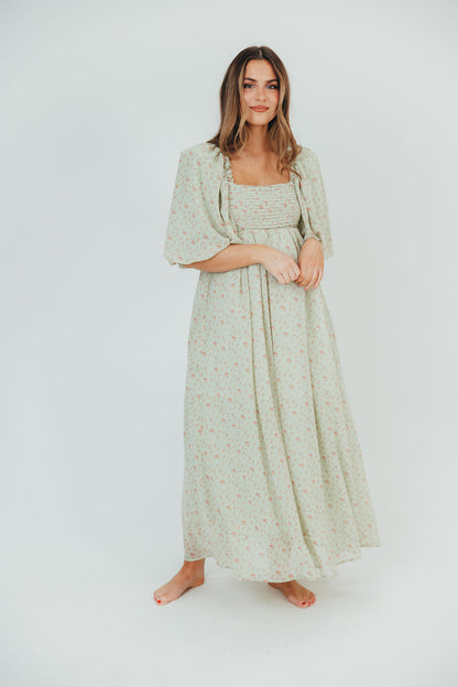 Melody Maxi Dress with Pleats and Bow Detail in Mint Floral - Bump Friendly & Inclusive Sizing (S-3XL)