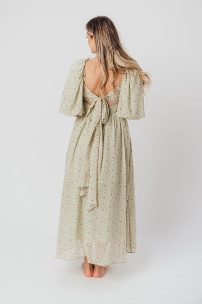 Melody Maxi Dress with Pleats and Bow Detail in Mint Floral - Bump Friendly & Inclusive Sizing (S-3XL)