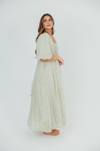 Melody Maxi Dress with Pleats and Bow Detail in Mint Floral - Bump Friendly & Inclusive Sizing (S-3XL)