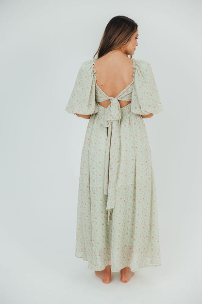 Melody Maxi Dress with Pleats and Bow Detail in Mint Floral - Bump Friendly & Inclusive Sizing (S-3XL)