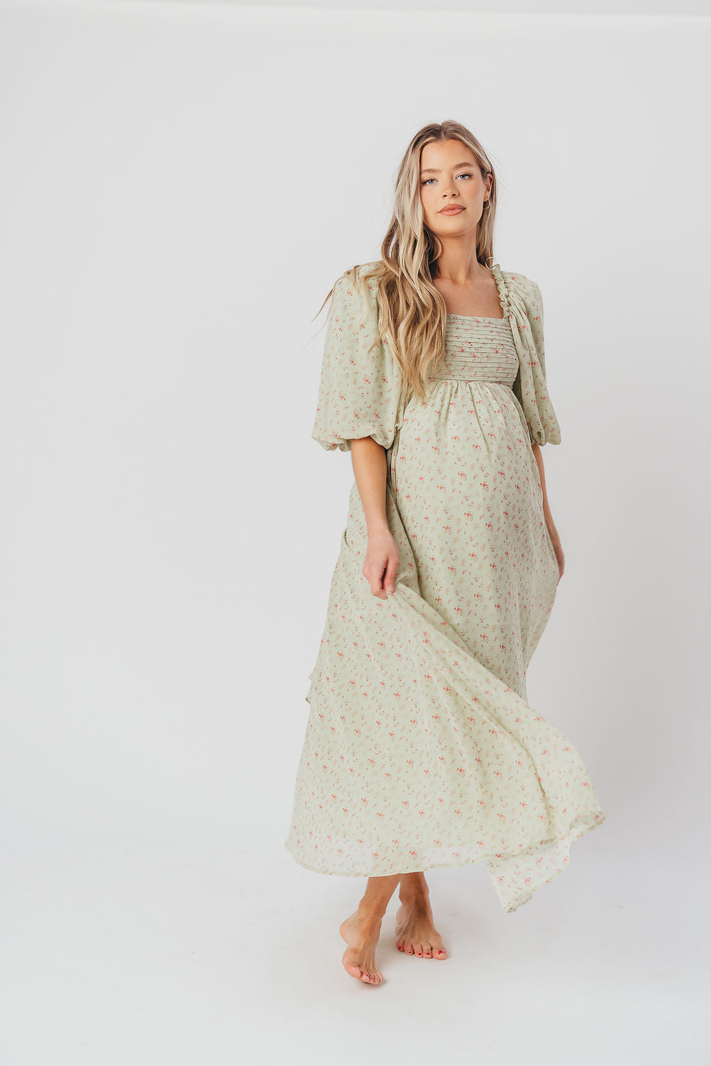 Melody Maxi Dress with Pleats and Bow Detail in Mint Floral - Bump Friendly & Inclusive Sizing (S-3XL)