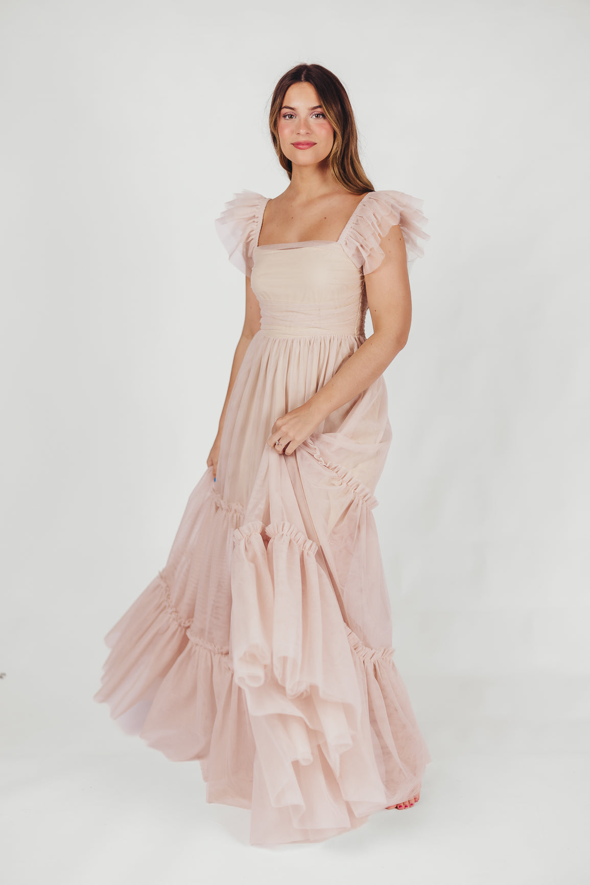 Bella Tiered Tulle Maxi Dress in Peachy Nude - Bump Friendly & Inclusive Sizing (S-3XL)