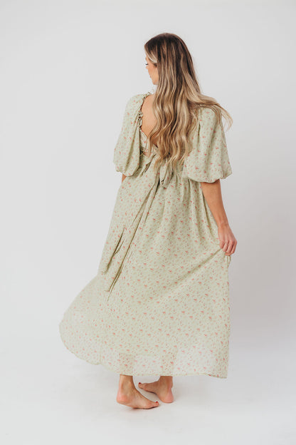 Melody Maxi Dress with Pleats and Bow Detail in Mint Floral - Bump Friendly & Inclusive Sizing (S-3XL)