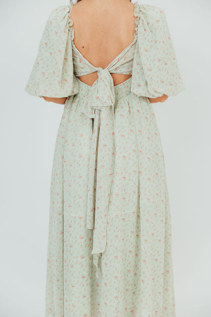 Melody Maxi Dress with Pleats and Bow Detail in Mint Floral - Bump Friendly & Inclusive Sizing (S-3XL)