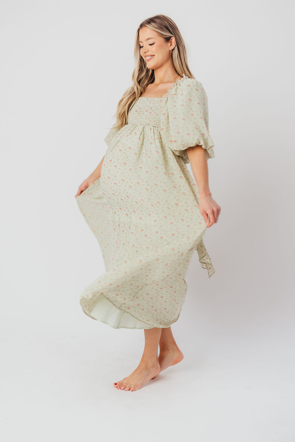 Melody Maxi Dress with Pleats and Bow Detail in Mint Floral - Bump Friendly & Inclusive Sizing (S-3XL)