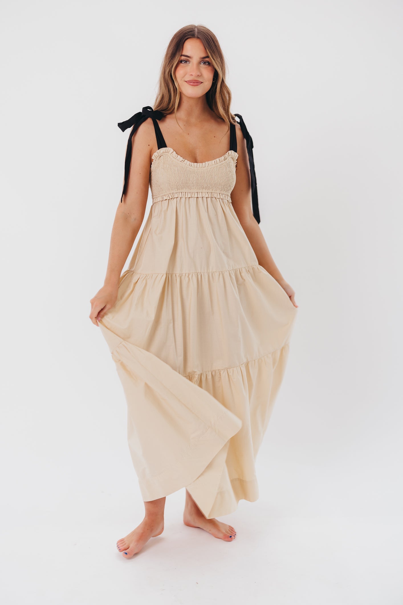 Amber Smocked Maxi Dress with Shoulder Tie in Taupe/Black