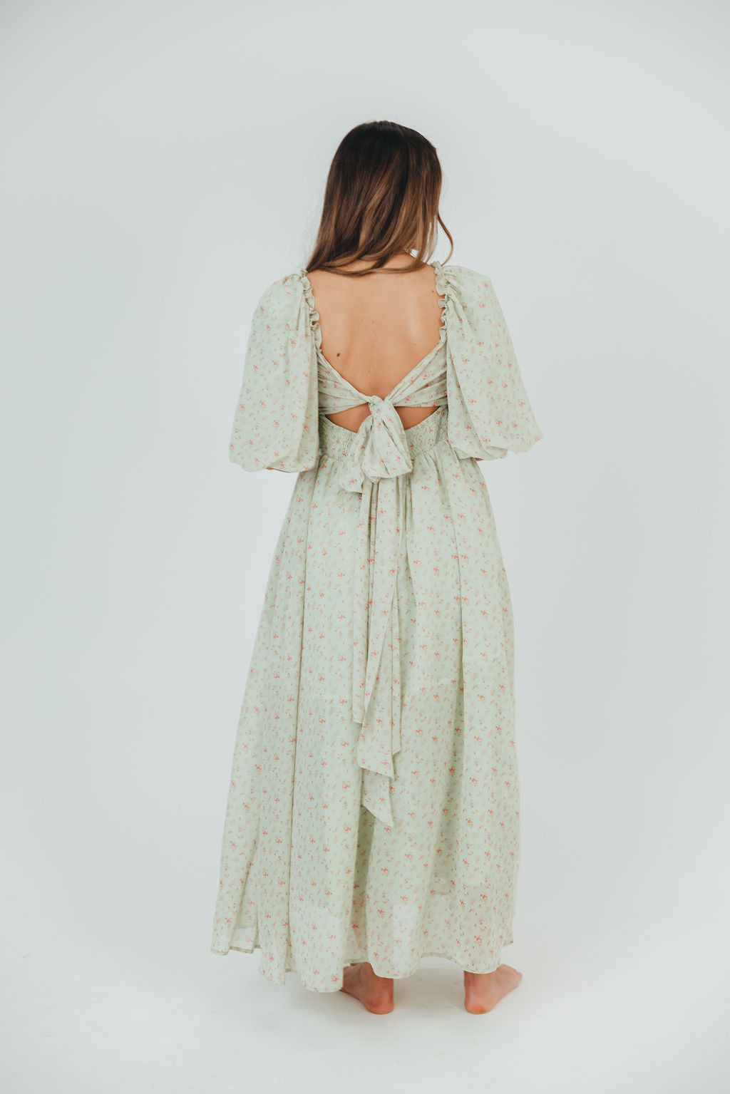 Melody Maxi Dress with Pleats and Bow Detail in Mint Floral - Bump Friendly & Inclusive Sizing (S-3XL)