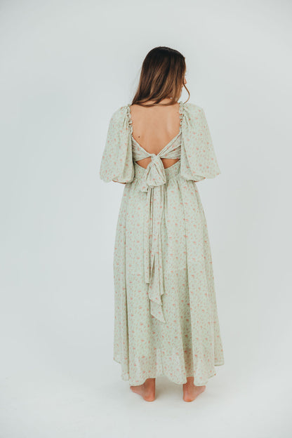 Melody Maxi Dress with Pleats and Bow Detail in Mint Floral - Bump Friendly & Inclusive Sizing (S-3XL)