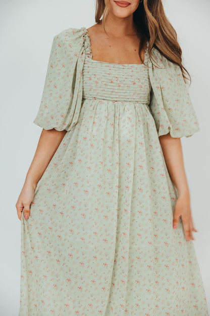 Melody Maxi Dress with Pleats and Bow Detail in Mint Floral - Bump Friendly & Inclusive Sizing (S-3XL)