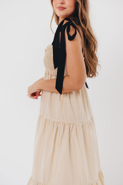 Amber Smocked Maxi Dress with Shoulder Tie in Taupe/Black