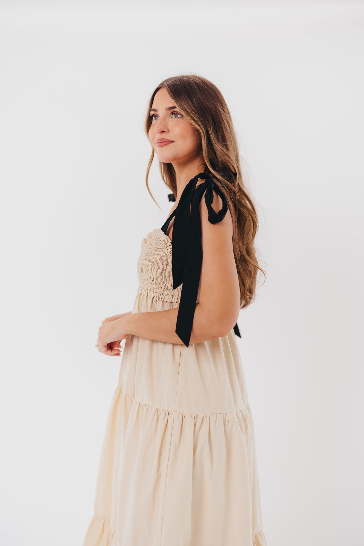 Amber Smocked Maxi Dress with Shoulder Tie in Taupe/Black