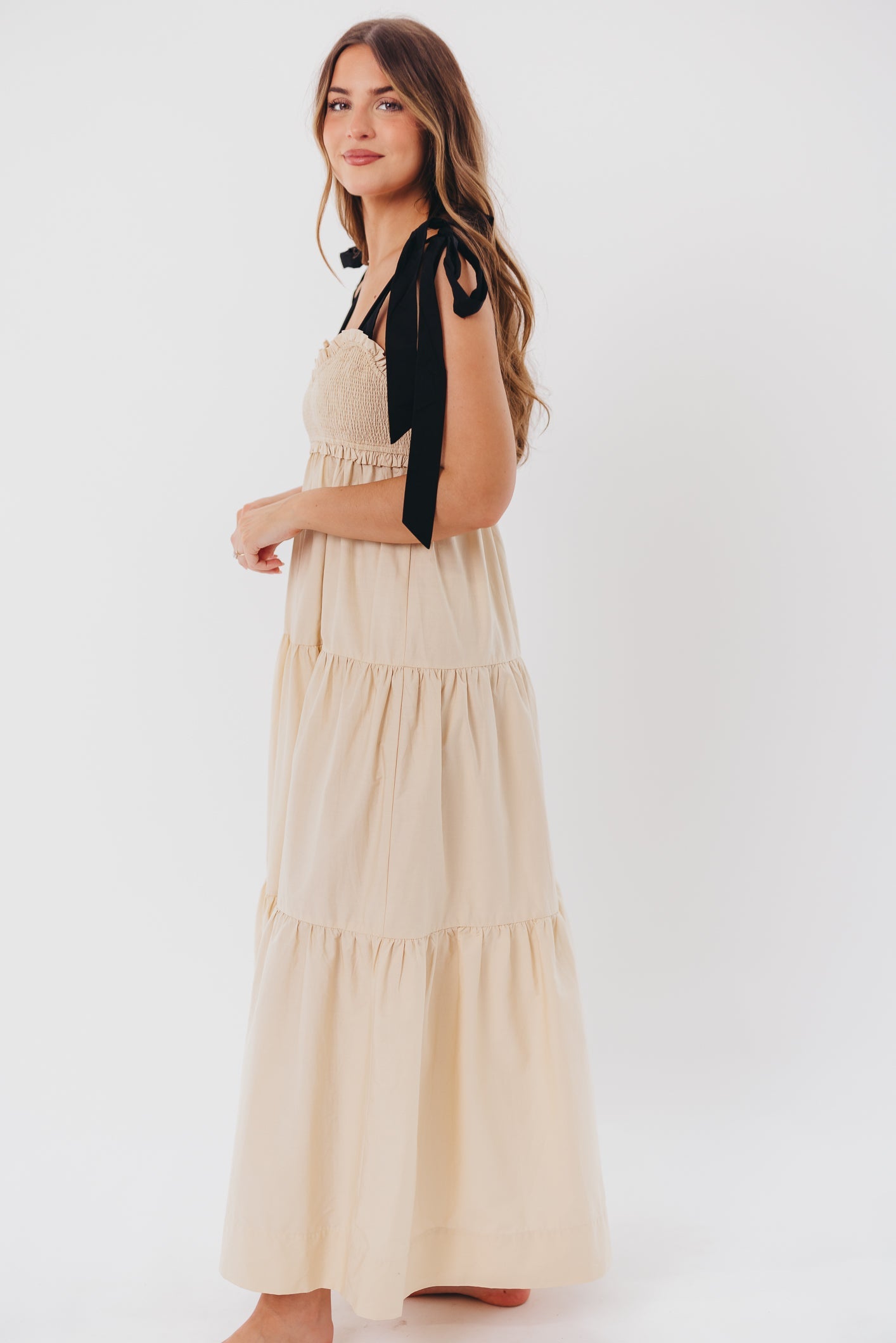 Amber Smocked Maxi Dress with Shoulder Tie in Taupe/Black