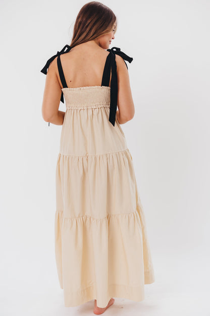 Amber Smocked Maxi Dress with Shoulder Tie in Taupe/Black