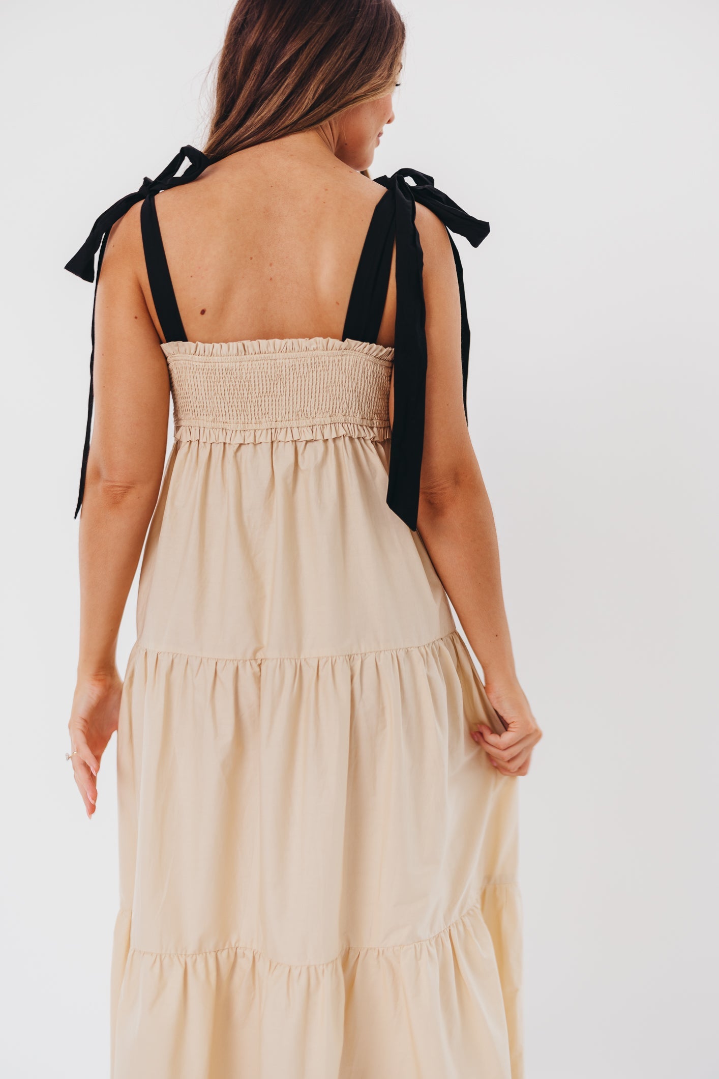 Amber Smocked Maxi Dress with Shoulder Tie in Taupe/Black