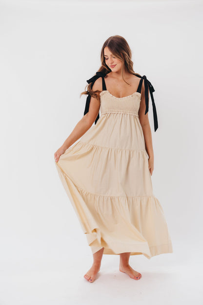 Amber Smocked Maxi Dress with Shoulder Tie in Taupe/Black