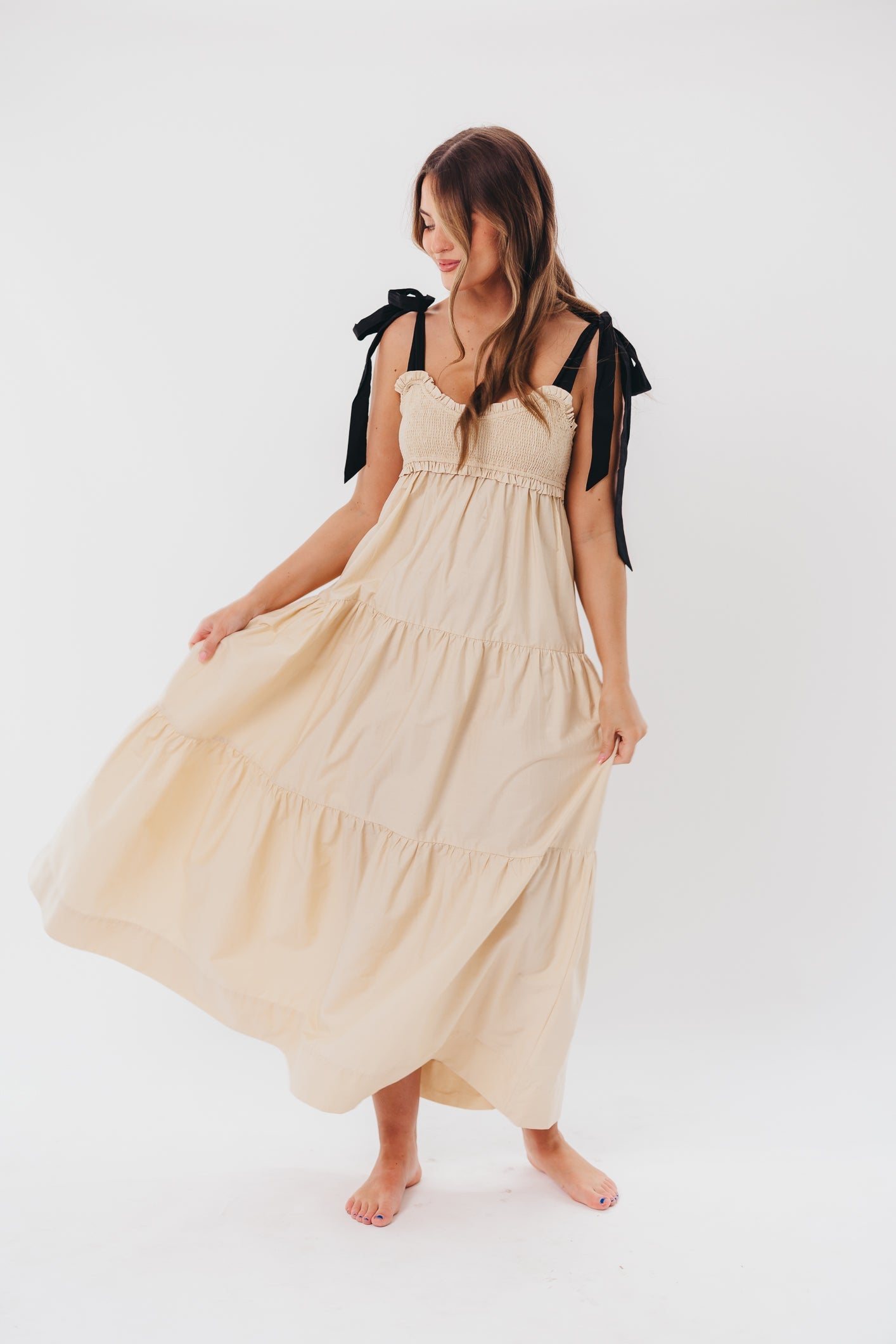 Amber Smocked Maxi Dress with Shoulder Tie in Taupe/Black