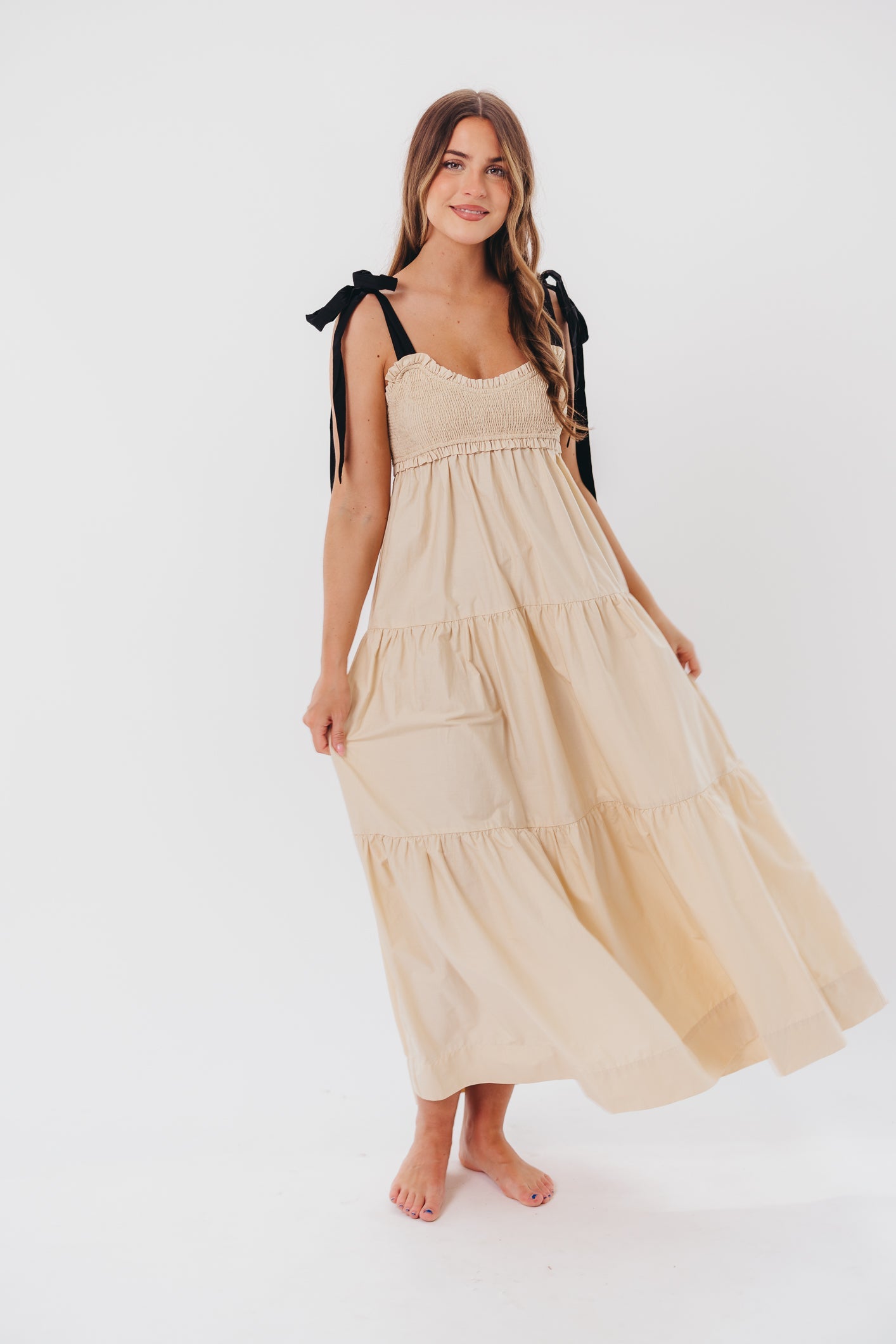 Amber Smocked Maxi Dress with Shoulder Tie in Taupe/Black