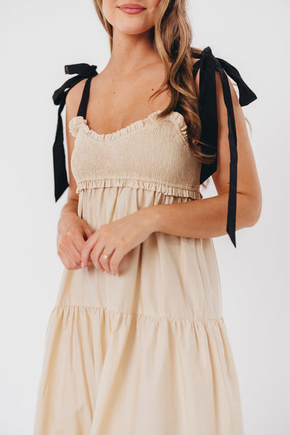 Amber Smocked Maxi Dress with Shoulder Tie in Taupe/Black