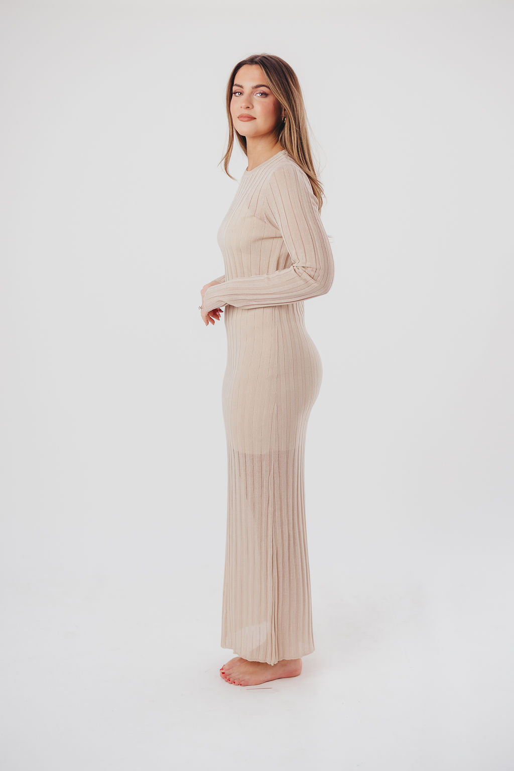 Amara Two-Piece Sheer Maxi Dress in Beige