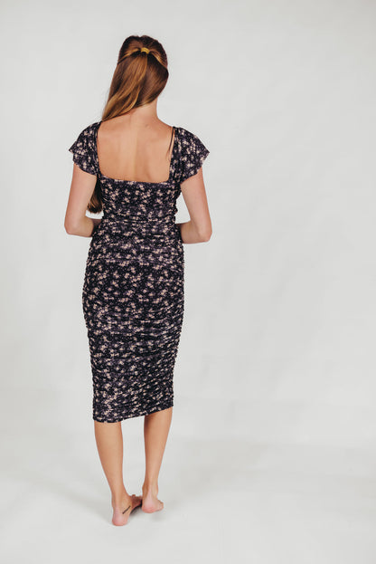 Lilliana Ruched Midi Dress in Navy Floral