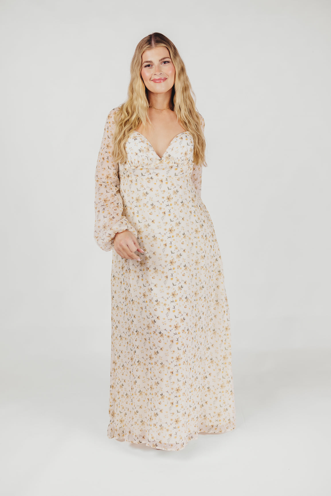 Parker Smocked Maxi Dress with Puffed Sleeves in Ivory/Yellow - Bump Friendly & Inclusive Sizing (S-3XL)